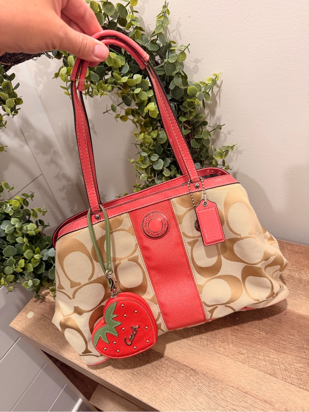 Coach Beige Signature Canvas Shoulder Bag with Coral Trim